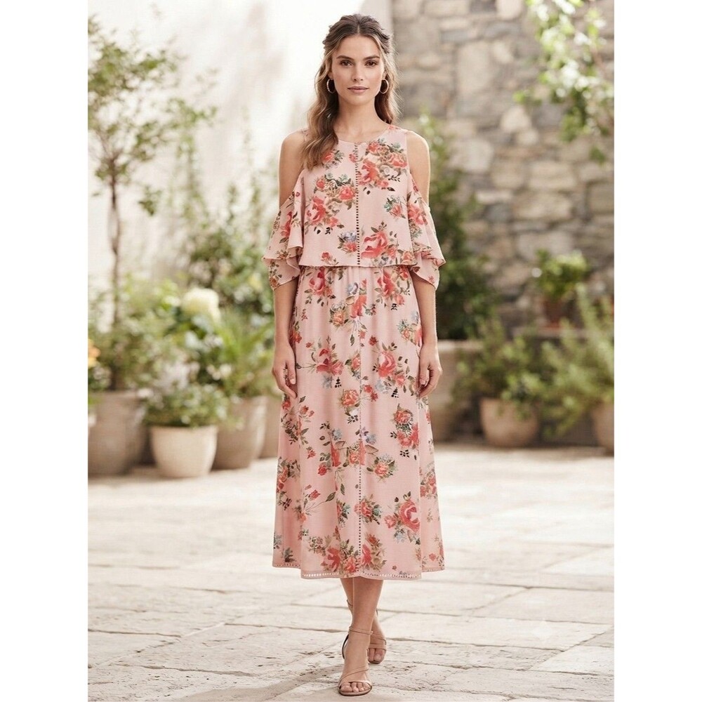 Mossino Floral Cold Shoulder Flutter Sleeve Dress Pink Cream